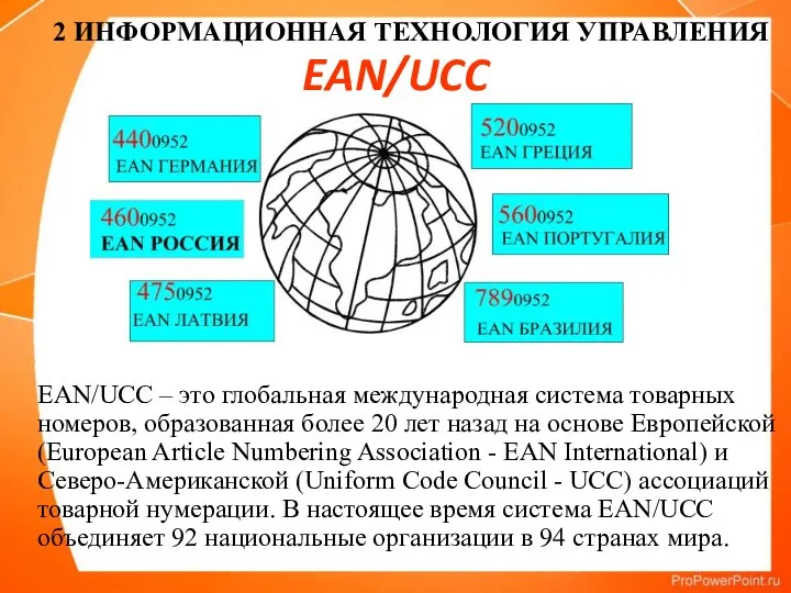 EAN/UCC EAN/UCC – это глобальная международная система товарных номеров, образованная