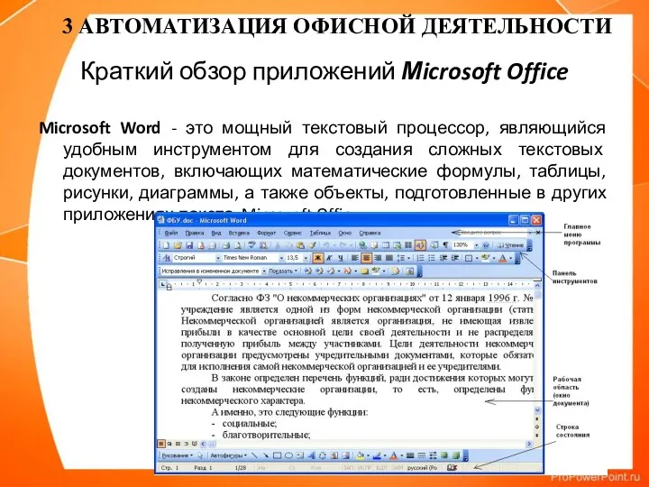 Краткий обзор приложений Мicrosoft Office Microsoft Word - это мощный