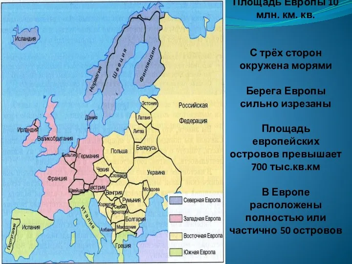Площадь Европы 10 млн. км. кв. С трёх сторон окружена