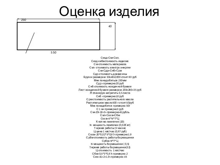 Оценка изделия 250 40 S 50 S 50 Сизд=См+Сэл. Сизд-себестоимость