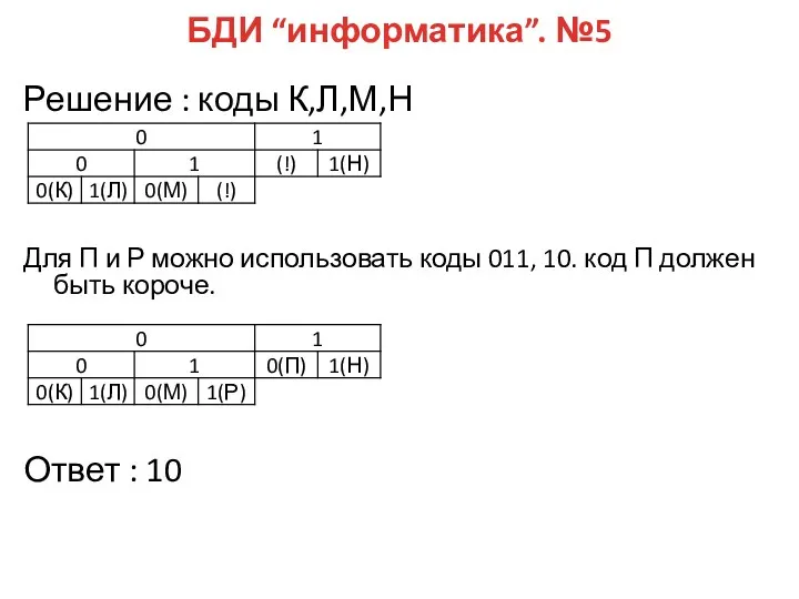 БДИ “информатика”. №5 Решение : коды К,Л,М,Н Для П и