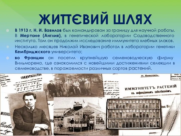 ЖИТТЄВИЙ ШЛЯХ В 1913 г. Н. И. Вавилов был командирован