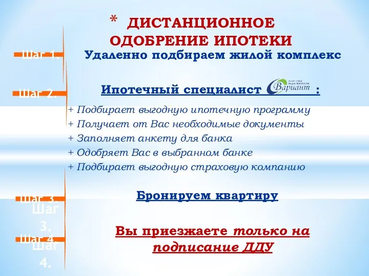 Бронируем квартиру ДИСТАНЦИОННОЕ ОДОБРЕНИЕ ИПОТЕКИ Удаленно подбираем жилой комплекс Шаг