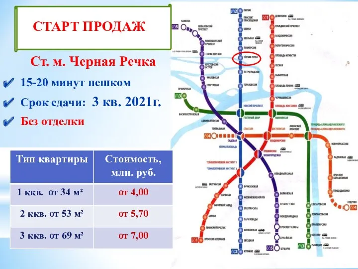 Ст. м. Черная Речка 15-20 минут пешком Срок сдачи: 3 кв. 2021г. Без отделки СТАРТ ПРОДАЖ