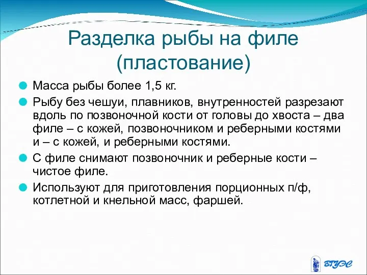 Разделка рыбы на филе (пластование) Масса рыбы более 1,5 кг.