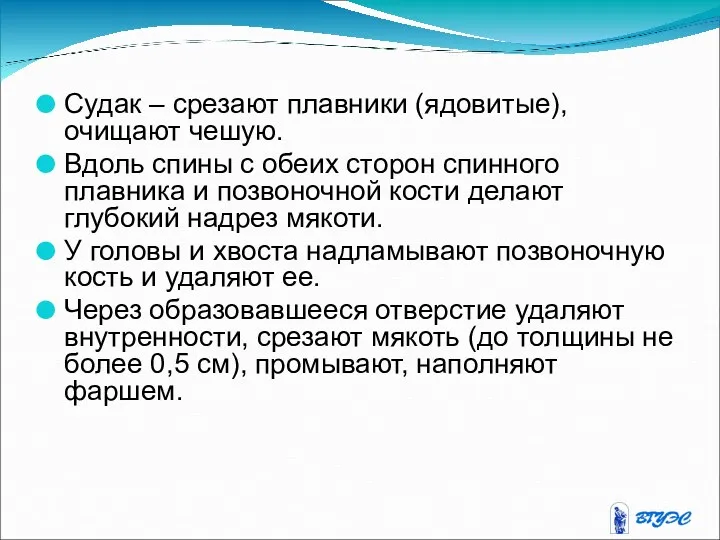 Судак – срезают плавники (ядовитые), очищают чешую. Вдоль спины с