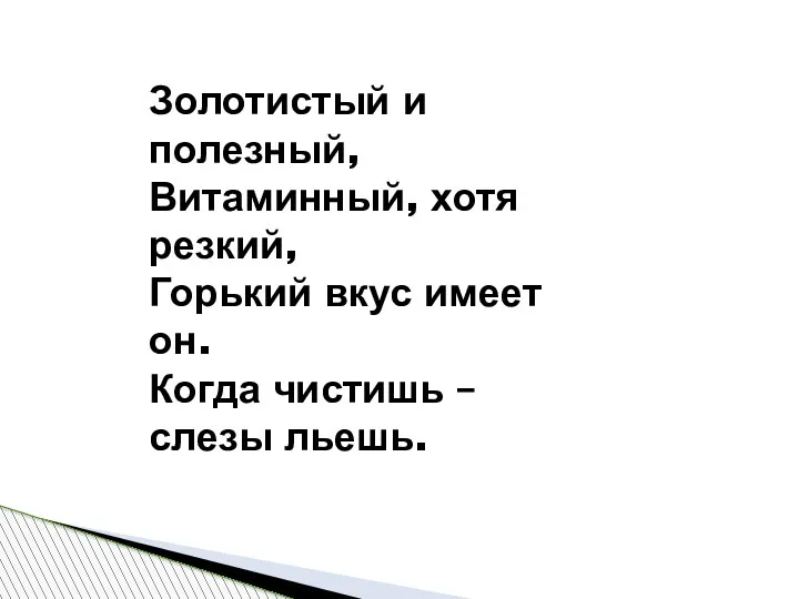 Золотистый и полезный, Витаминный, хотя резкий, Горький вкус имеет он. Когда чистишь – слезы льешь.