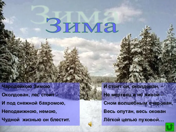 Зима Чародейкою Зимою Околдован, лес стоит – И под снежной бахромою, Неподвижною, немою,