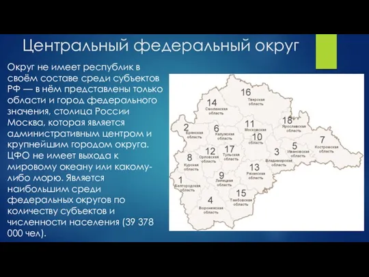 Центральный федеральный округ Округ не имеет республик в своём составе среди субъектов РФ