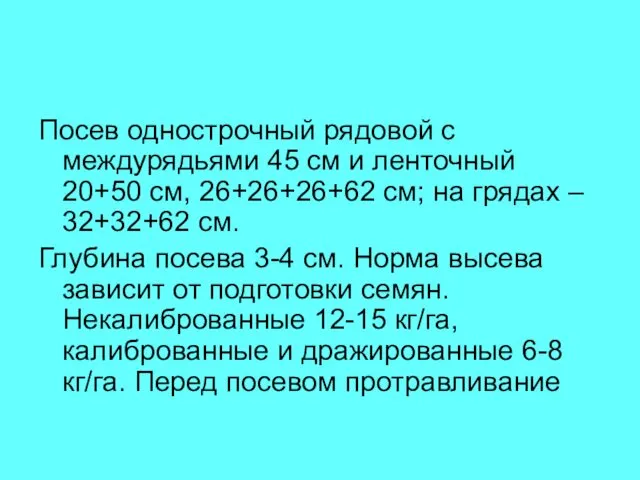 Посев однострочный рядовой с междурядьями 45 см и ленточный 20+50