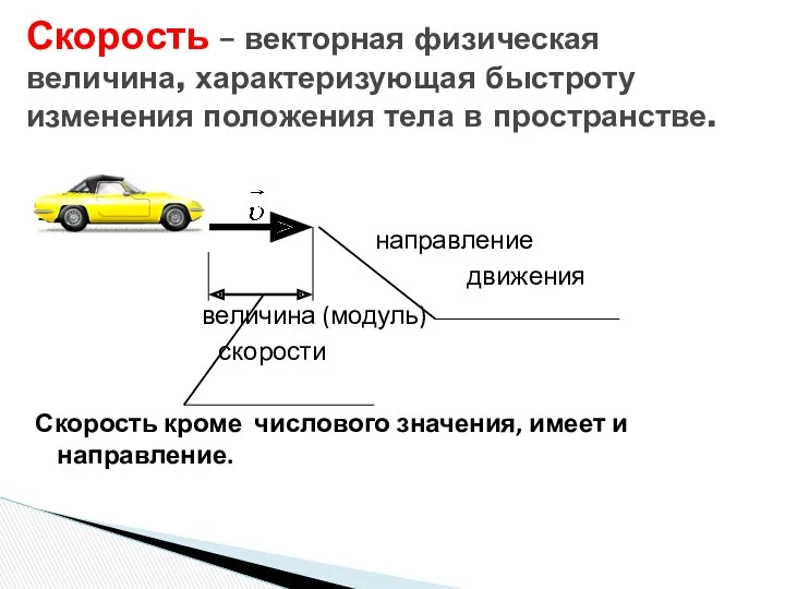 направление движения величина (модуль) скорости Скорость кроме числового значения, имеет