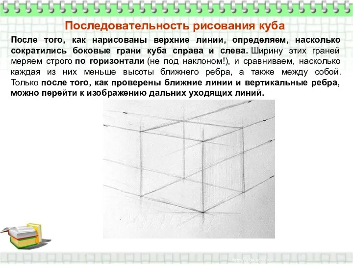 Последовательность рисования куба После того, как нарисованы верхние линии, определяем,