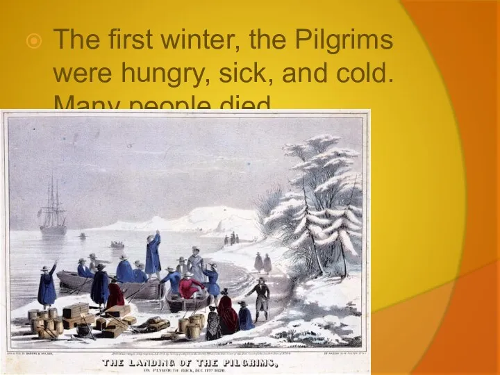 The first winter, the Pilgrims were hungry, sick, and cold. Many people died.