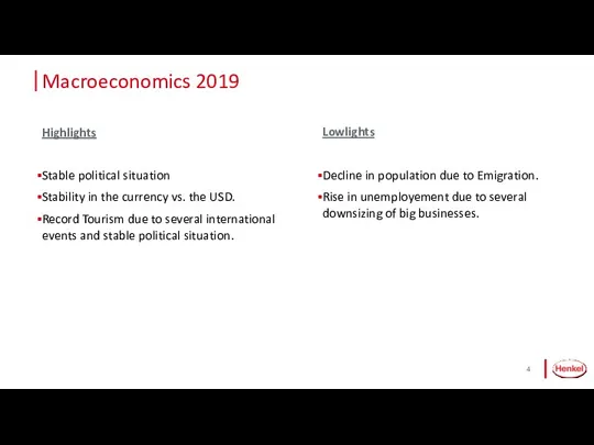 Macroeconomics 2019 Highlights Stable political situation Stability in the currency vs. the USD.