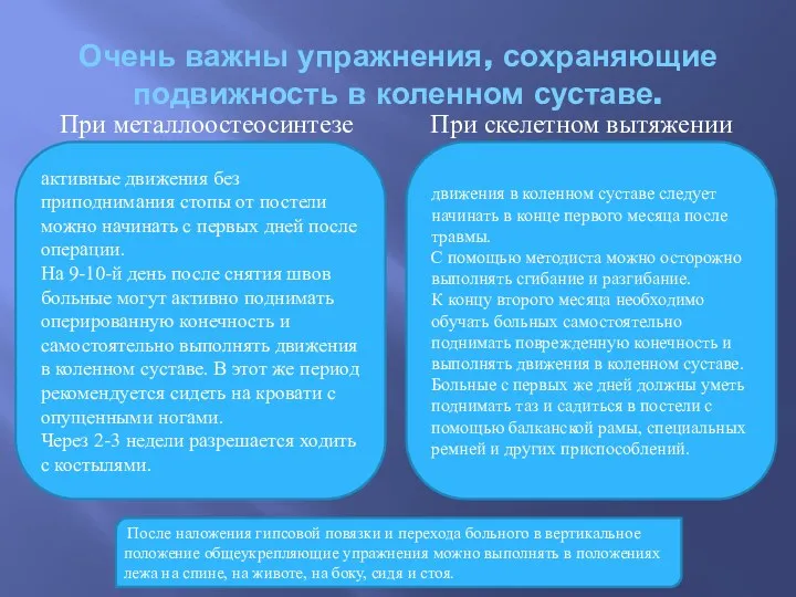 Очень важны упражнения, сохраняющие подвижность в коленном суставе. При металлоостеосинтезе