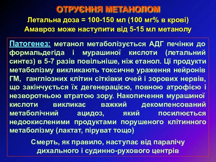 ОТРУЄННЯ МЕТАНОЛОМ Летальна доза = 100-150 мл (100 мг% в крові) Амавроз може