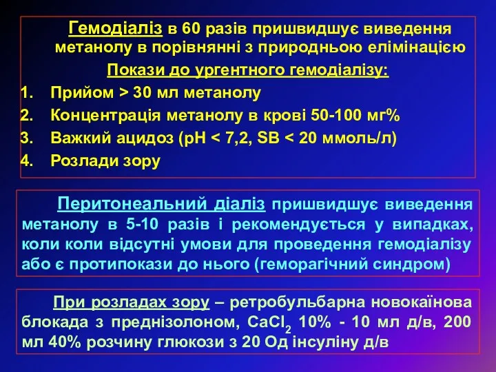 Гемодіаліз в 60 разів пришвидшує виведення метанолу в порівнянні з природньою елімінацією Покази