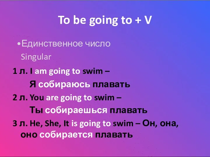 To be going to + V •Единственное число Singular 1