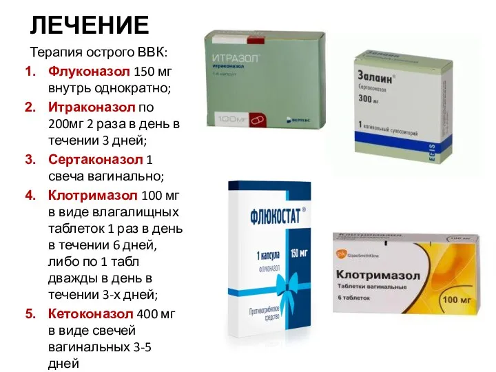 ЛЕЧЕНИЕ Терапия острого ВВК: Флуконазол 150 мг внутрь однократно; Итраконазол