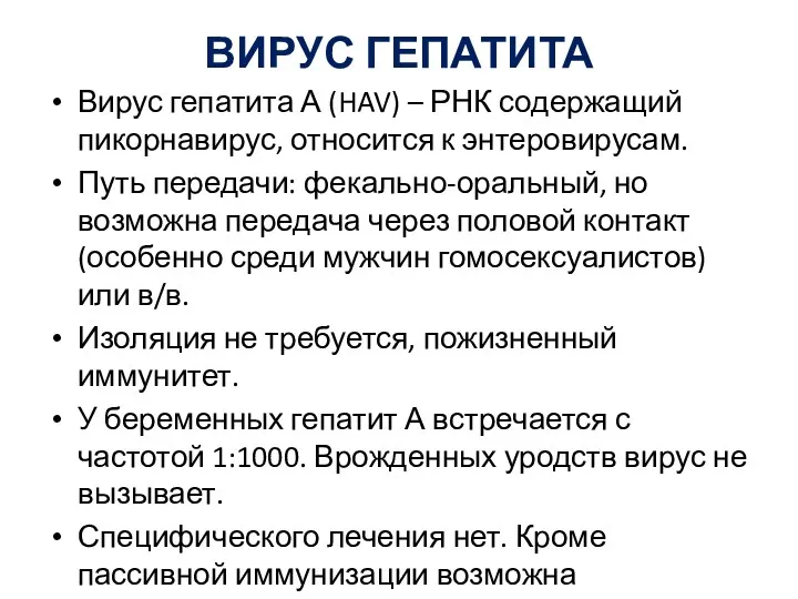 ВИРУС ГЕПАТИТА Вирус гепатита А (HAV) – РНК содержащий пикорнавирус,