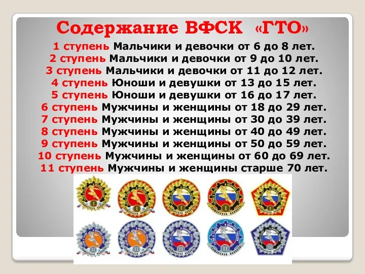 Содержание ВФСК «ГТО» 1 ступень Мальчики и девочки от 6