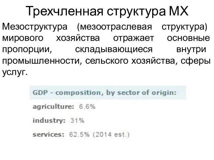 Трехчленная структура МХ Мезоструктура (мезоотраслевая структура) мирового хозяйства отражает основные