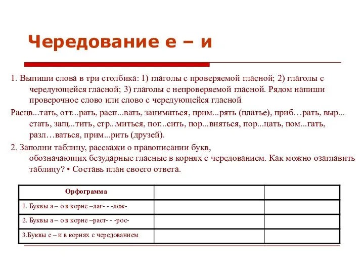 Чередование е – и 1. Выпиши слова в три столбика: