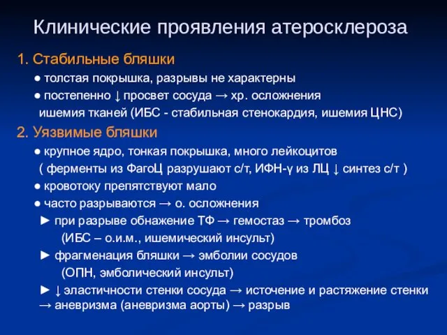 Клинические проявления атеросклероза 1. Стабильные бляшки ● толстая покрышка, разрывы