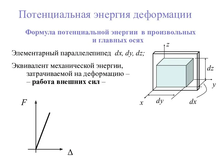 Потенциальная энергия деформации Формула потенциальной энергии в произвольных и главных