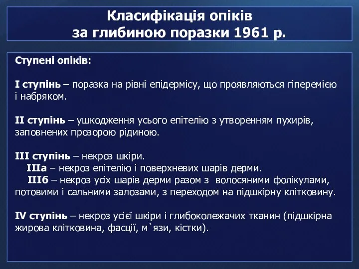 Класифікація опіків за глибиною поразки 1961 р. Ступені опіків: I ступінь – поразка