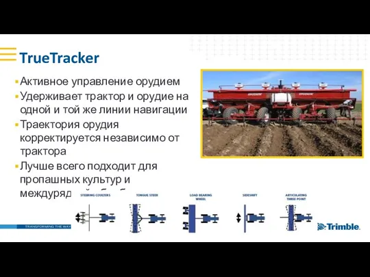 TrueTracker Активное управление орудием Удерживает трактор и орудие на одной