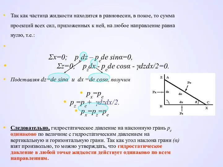 Так как частица жидкости находится в равновесии, в покое, то