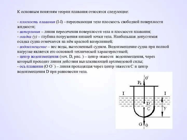 К основным понятиям теории плавания относятся следующие: - плоскость плавания