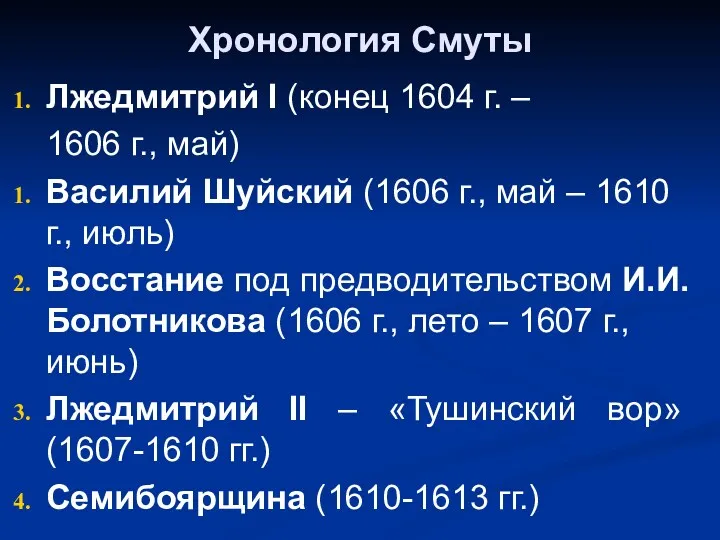 Хронология Смуты Лжедмитрий I (конец 1604 г. – 1606 г.,