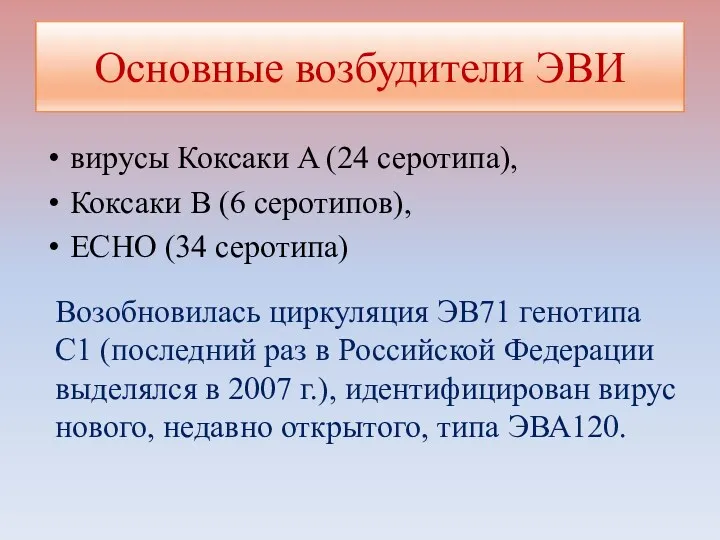 Основные возбудители ЭВИ вирусы Коксаки A (24 серотипа), Коксаки B