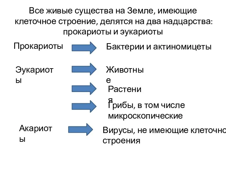 Все живые существа на Земле, имеющие клеточное строение, делятся на