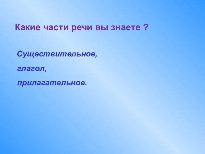 Какие части речи вы знаете ? Существительное, глагол, прилагательное.