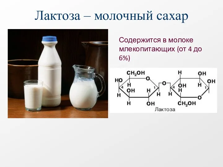 Лактоза – молочный сахар Содержится в молоке млекопитающих (от 4 до 6%)