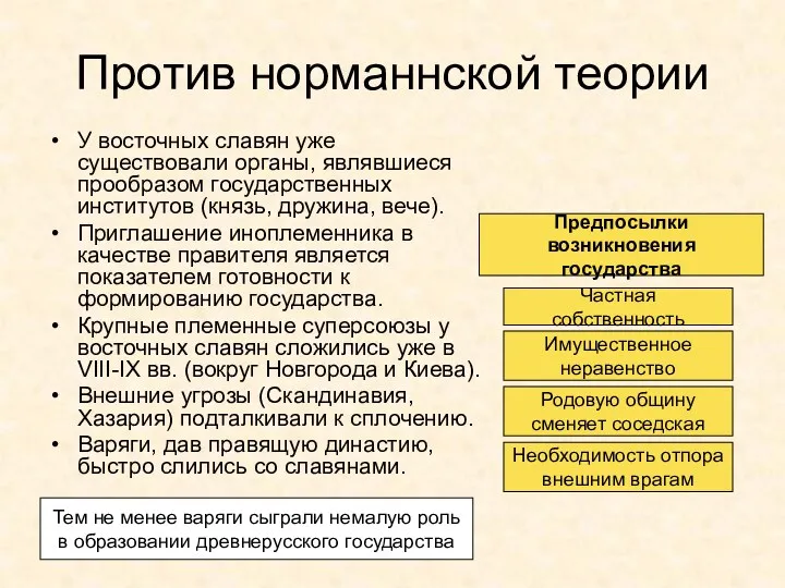 Против норманнской теории У восточных славян уже существовали органы, являвшиеся прообразом государственных институтов