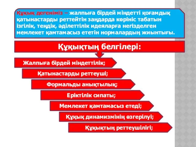 Құқық дегеніміз – жалпыға бірдей міндетті қоғамдық қатынастарды реттейтін заңдарда