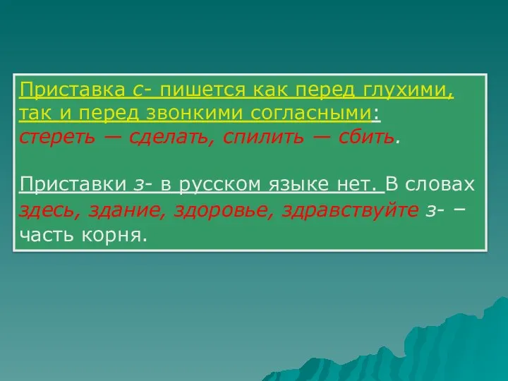 Приставка с- пишется как перед глухими, так и перед звонкими