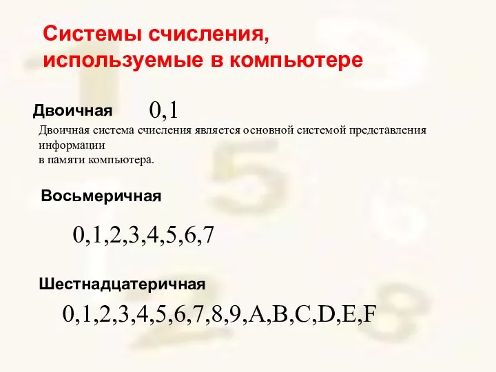 Восьмеричная Системы счисления, используемые в компьютере Двоичная Шестнадцатеричная Двоичная система счисления является основной