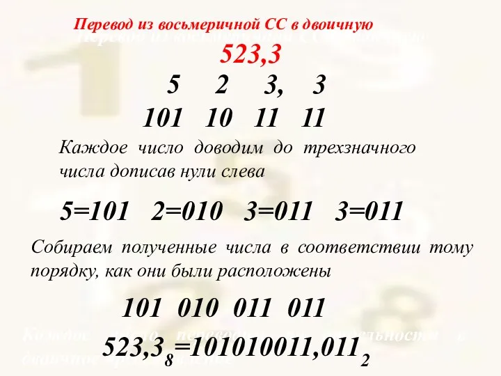 Перевод из восьмеричной СС в двоичную 523,3 Каждое число переводим по отдельности в