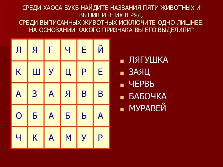 СРЕДИ ХАОСА БУКВ НАЙДИТЕ НАЗВАНИЯ ПЯТИ ЖИВОТНЫХ И ВЫПИШИТЕ ИХ