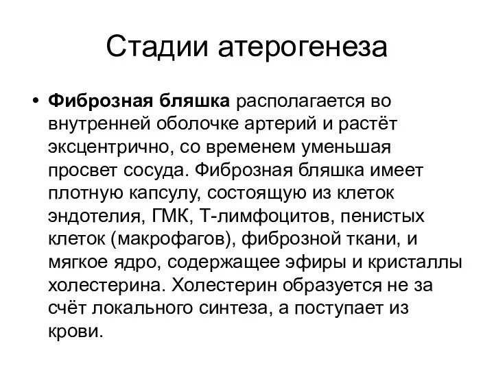 Стадии атерогенеза Фиброзная бляшка располагается во внутренней оболочке артерий и