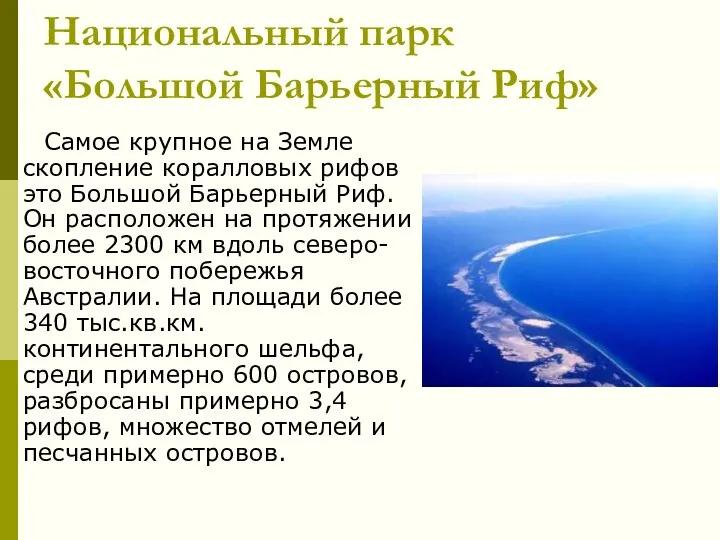 Национальный парк «Большой Барьерный Риф» Самое крупное на Земле скопление