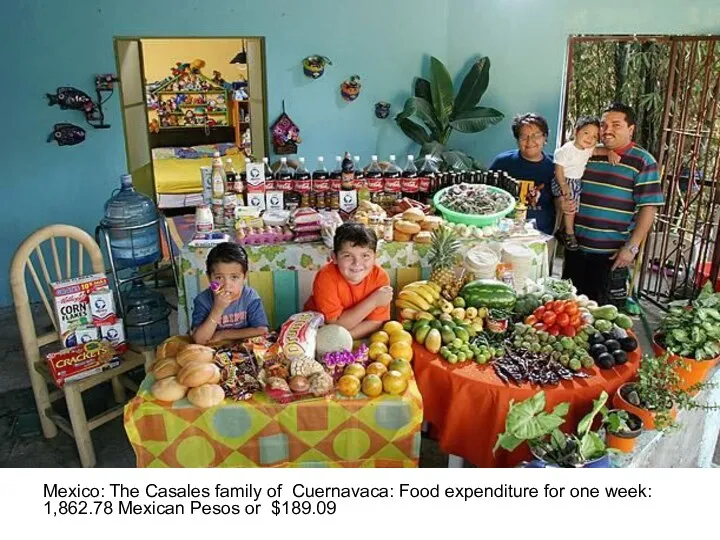 Mexico: The Casales family of Cuernavaca: Food expenditure for one week: 1,862.78 Mexican Pesos or $189.09