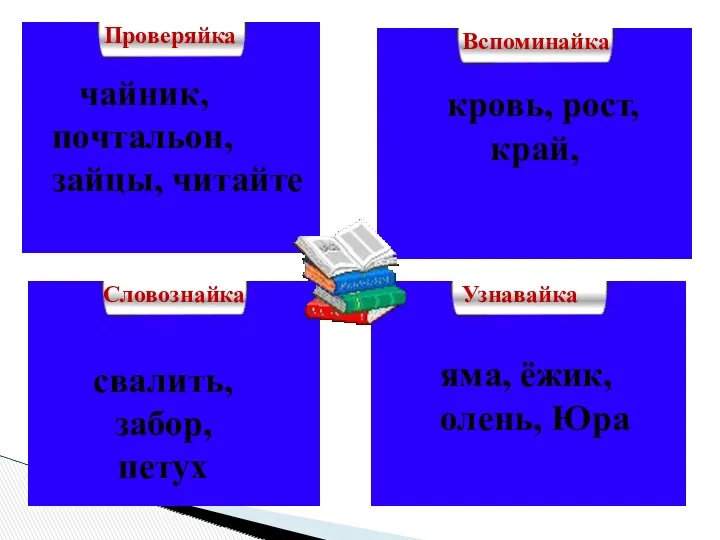 чайник, почтальон, зайцы, читайте Проверяйка кровь, рост, край, Вспоминайка свалить,