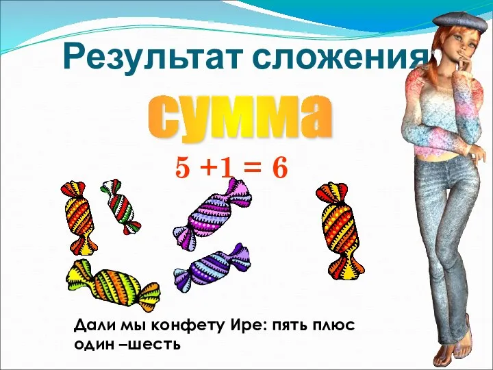 Результат сложения сумма 5 +1 = 6 Дали мы конфету Ире: пять плюс один –шесть