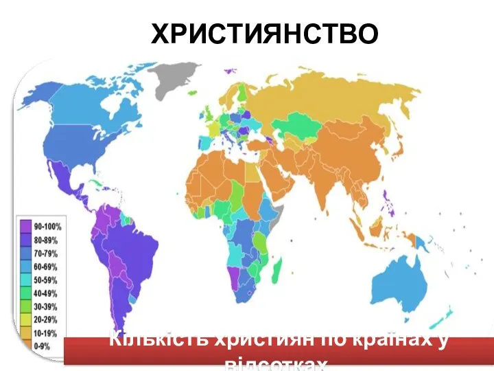 ХРИСТИЯНСТВО Кількість християн по країнах у відсотках.